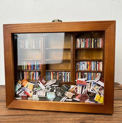 Wooden shadow box with miniature bookshelf display, perfect for book lovers and unique gift ideas
