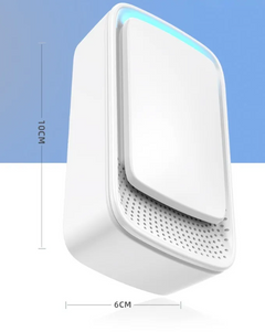 Compact white ultrasonic humidifier with blue LED light, 10cm x 6cm, ideal for home or office use