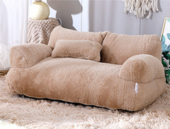Cozy beige plush pet sofa bed with soft cushions, perfect for cats and dogs in home settings