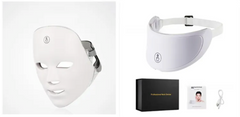 White LED face mask and eye mask set with charging cable and packaging for skincare routines