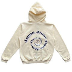 Cream hoodie with '4tune' spiral graphic and star details, cozy casual wear for gifts