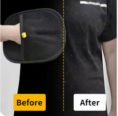 Black lint remover tool cleaning pet hair from shirt, before and after comparison