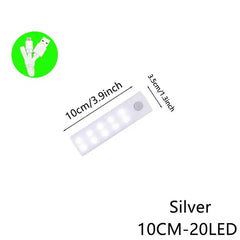 Silver 10cm 20LED USB rechargeable strip light with touch sensor, compact design for home use