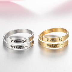 Be Fearless engraved rings in silver and gold, inspirational couple jewelry gifts