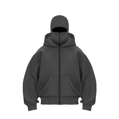 Black zip-up hoodie with full face mask, cozy winter wear for men and women