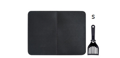 Black cat litter mat with matching scoop, ideal for pet owners seeking tidy home solutions