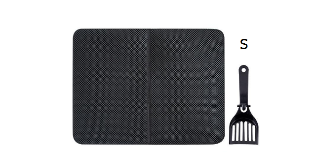 Black cat litter mat with matching scoop, ideal for pet owners seeking tidy home solutions