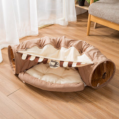 Cozy cat tunnel bed with coffee cup print, soft plush pet house for indoor cats