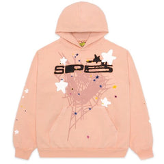 Pink hoodie with star and spiderweb graphic, cozy casual wear for teens and adults