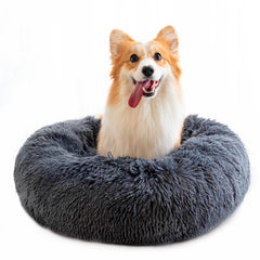 Fluffy gray dog bed with happy Corgi, cozy pet gift for family