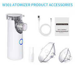 W301 portable nebulizer kit with mask, USB cable, and instruction manual for home respiratory care