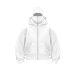 White zip-up hoodie with full face mask, cozy winter wear for gifts