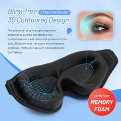 Blink-free 3D contoured sleep mask with ultra soft memory foam, zero pressure design for comfort and false lashes