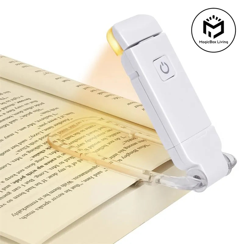 Portable LED book light with clip, illuminates pages for reading in low light, ideal gift for readers