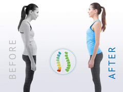 Before and after posture correction showing improved spinal alignment and upright stance
