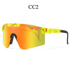 Viper CC2 sports sunglasses with yellow frame, orange gradient lens, and red splatter design for active lifestyles