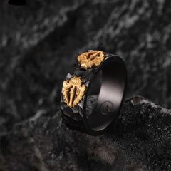 Black textured ring with gold dragon design, stylish gift for men or women