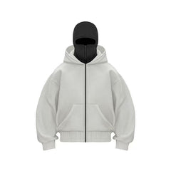 White zip-up hoodie with black balaclava, cozy winter wear for gifts