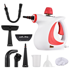 White and red handheld steam cleaner with attachments for home cleaning tasks