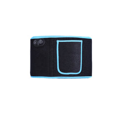 Black waist trimmer belt with blue trim and control buttons, fitness accessory for home workouts