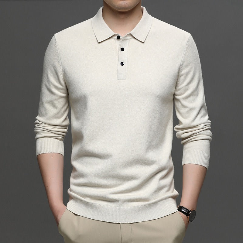Cream long sleeve polo shirt for men, casual knitwear with ribbed cuffs and collar, ideal gift