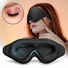 Black 3D contoured sleep mask with breathable mesh, shown on model for comfortable eye coverage