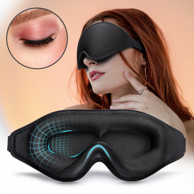 Black sleep mask with 3D contour design for comfortable eye relief and relaxation
