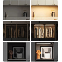 Smart LED strip lights for kitchen cabinets, closets, and shelves — warm and cool lighting modes shown