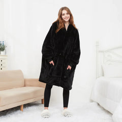 Cozy black plush robe with pockets, perfect for lounging at home or as a gift