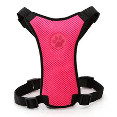 Pink mesh dog harness with paw print design, adjustable black straps for comfortable pet walking