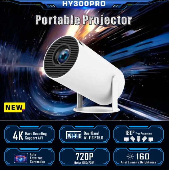 HY300PRO Portable Projector with 4K decoding, Wi-Fi 6, 720p native, 160 ANSI lumens, 180° projection