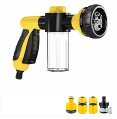 Yellow and black garden hose sprayer with soap dispenser and multiple nozzle attachments for car washing and yard cleaning
