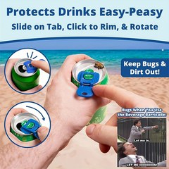 Blue can lid cover protects drinks from bugs at beach, easy slide-on design for soda cans