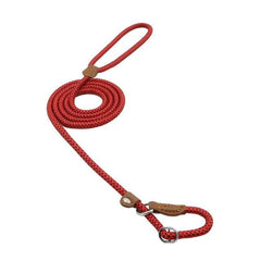 Red braided dog leash with leather handle and metal clasp, ideal pet accessory for walks