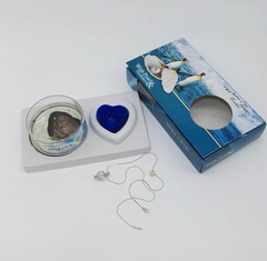 Wish Pearl Necklace with heart-shaped blue pendant and penguin-themed gift box