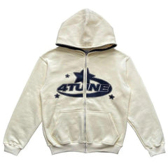 Cream zip-up hoodie with 4TUNE logo and stars, cozy family gift