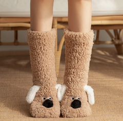 Cozy dog-themed fuzzy socks with cute ears and nose, perfect for cozy home gifts