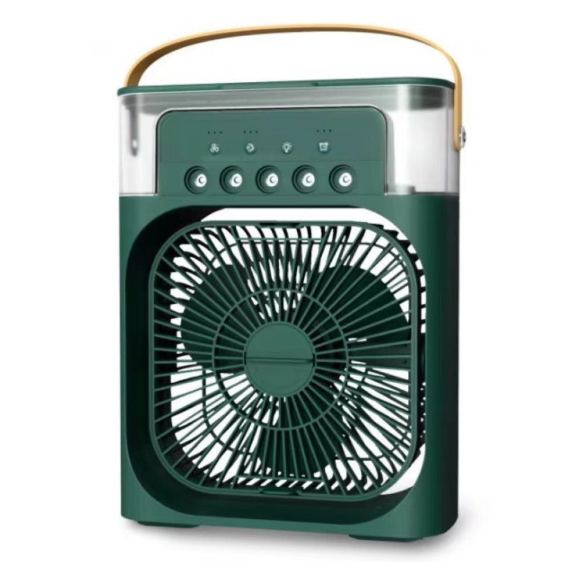 Portable green misting fan with handle, ideal for home or travel cooling
