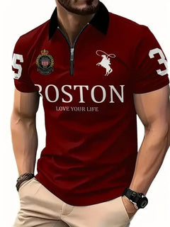 Men's red Boston polo shirt with 'Love Your Life' slogan, horse logo, and number 3 sleeve detail