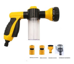 Yellow and black garden hose sprayer with soap dispenser and universal connectors for outdoor cleaning