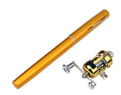 Golden pen-style fishing rod with mini reel, compact portable design for travel or gifts